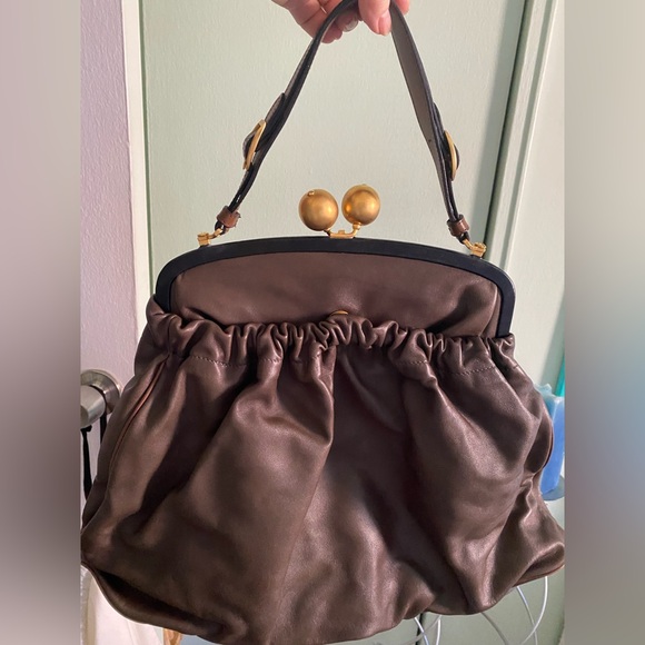 MARNI SPECIAL VINTAGE SOFTEST LEATHER BAG DARK MOSS ARMY COLOR WITH GOLD CLASP - Picture 6 of 15